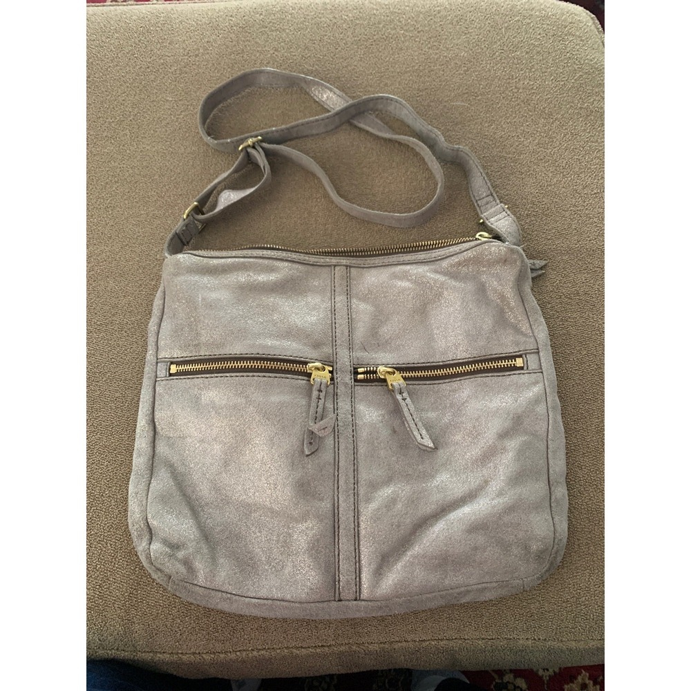 Fossil Handbag Purse Shoulder bag Grey Suede Leather Crossbody (TD)
